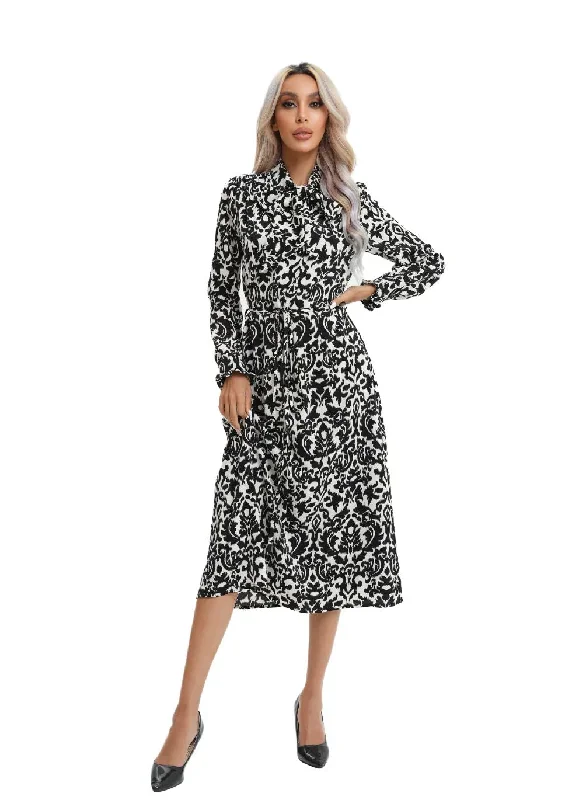 Modest Monochrome Midi Dress with Detached Belt