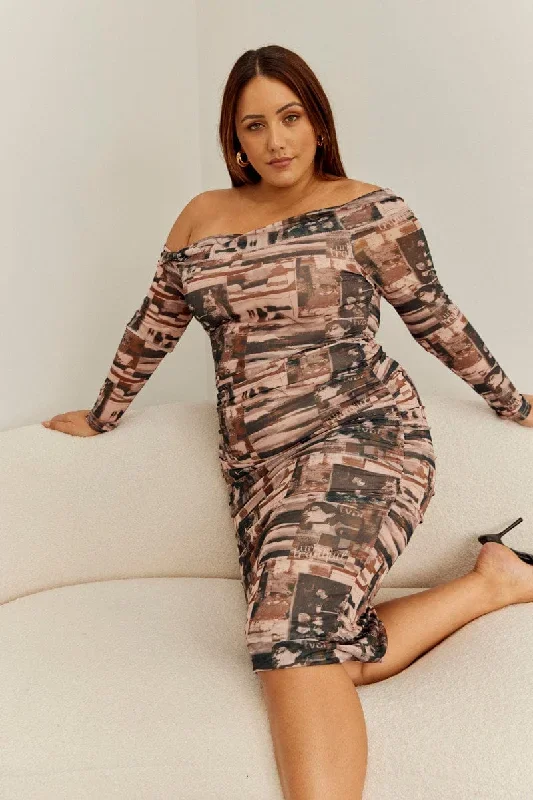 Multi Abstract Midi Dress Bodycon Mesh Off Shoulder