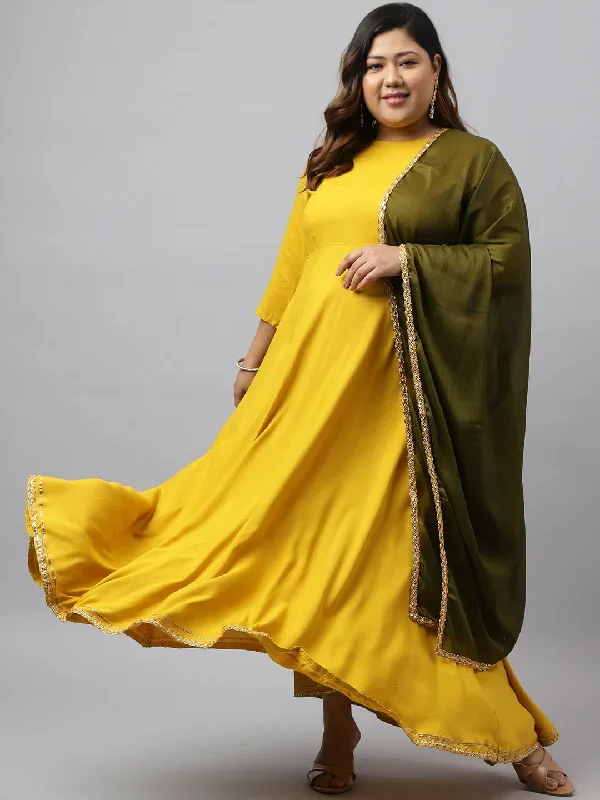 Mustard Rayon Solid Kurta with Dupatta