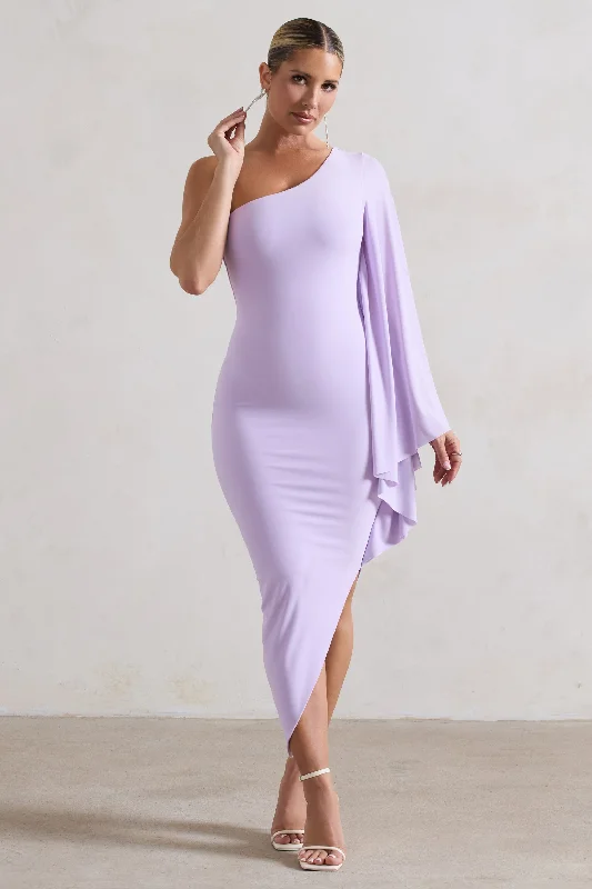 My Level | Lilac Asymmetric One Shoulder Cape Sleeve Midi Dress