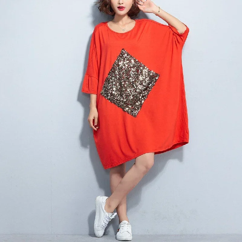 New orange red cotton dress plus size cotton clothing dress New bracelet sleeved appliques knee dresses