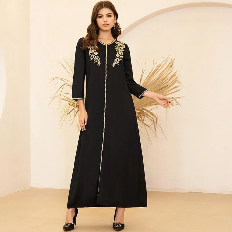 FashionSierra - Women's Fashion Arabian Style V-neck Gold Embroidery Pair Flower Long Loose Black Long Sleeve Dresses Plus Size