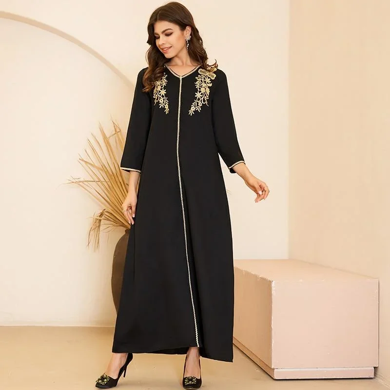 new-summer-dress-womens-fashion-arabian-style-v-neck-gold-embroidery-pair-flower-long-loose-black-long-sleeve-dresses-plus-size