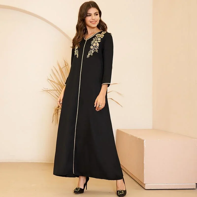 new-summer-dress-womens-fashion-arabian-style-v-neck-gold-embroidery-pair-flower-long-loose-black-long-sleeve-dresses-plus-size