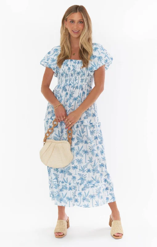 Norma Midi Dress ~ Blue Lagoon Palm