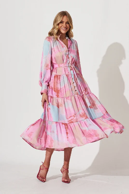 Normani Midi Dress In Pink With Blue Watercolour Chiffon