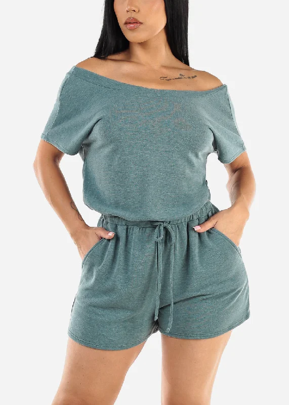 Off Shoulder Casual Romper Heather Teal w Pockets