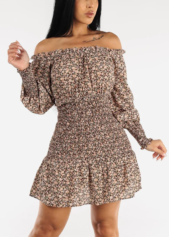 Off Shoulder Smocked Floral Mini Dress Brown