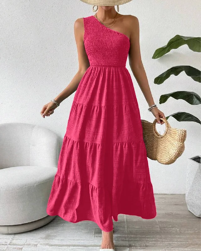 One Shoulder Shirred Detail Ruffle Pink Dress