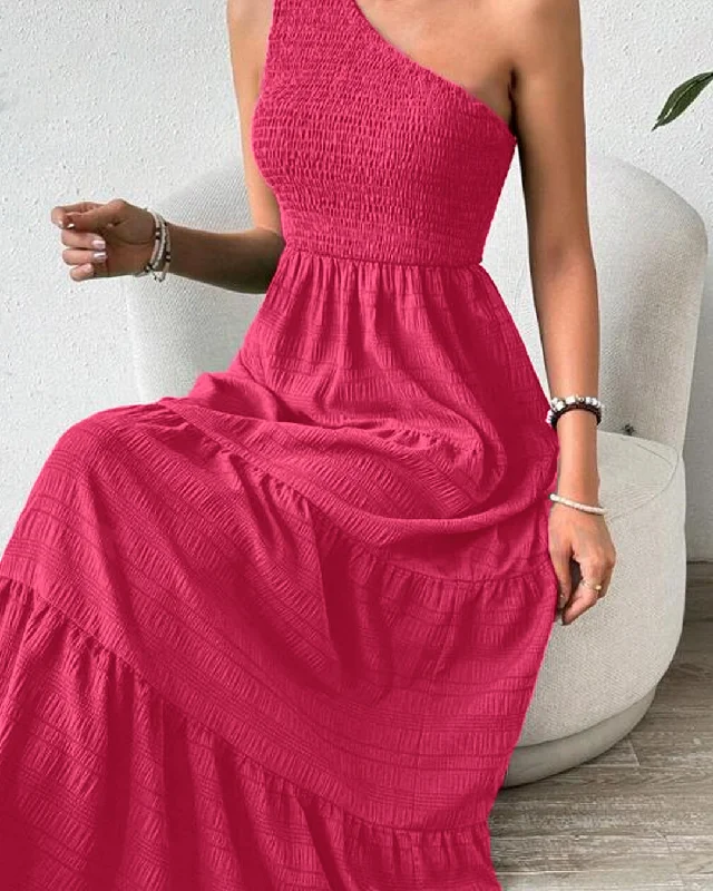 one-shoulder-shirred-detail-ruffle-pink-dress