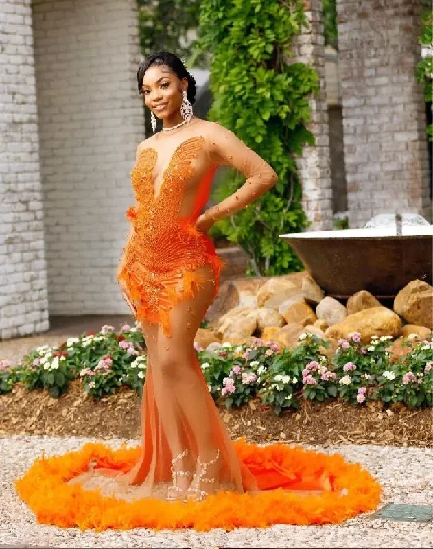 Orange Luxury Long Sleeve African Prom Formal Party Dresses for Black Girl Sheer Mesh Sparkly Diamond Evening Birthday Gown Gala