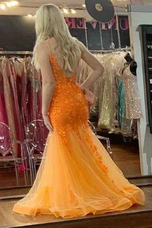 orange-v-neck-mermaid-tulle-applique-backless-long-prom-dress