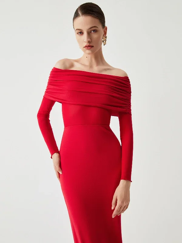 overfold-off-shoulder-mesh-long-sleeve-long-dress