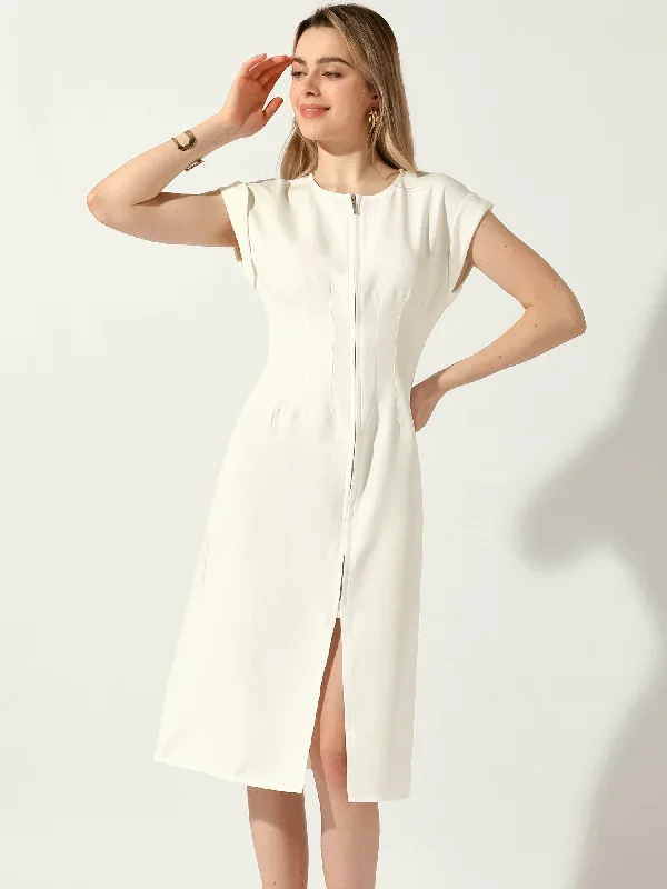 Zipper Front Round Neck Cap Sleeve Front Split Midi Dress