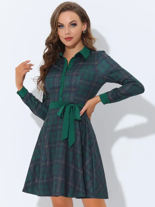 Plaid Long Sleeve Button Down Contrast Collar Shirt Dress