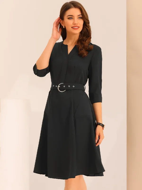 V Neck Half Sleeve Pockets Elegant Solid Color Belt Dress