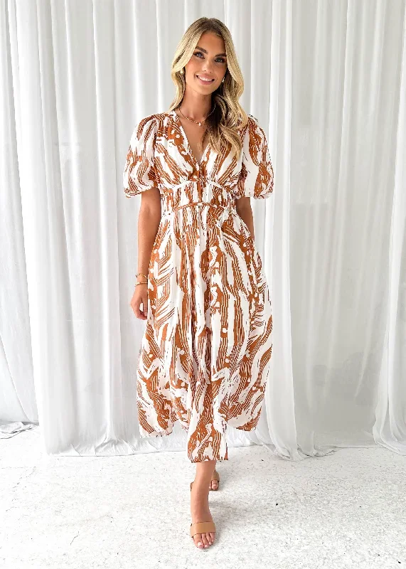 Pikora Midi Dress - Tan Abstract