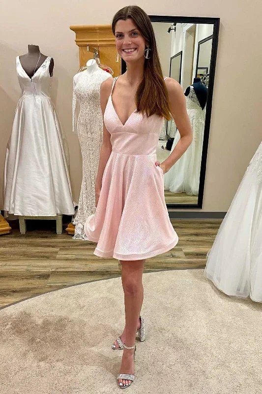 Pink High-Waist A-Line Homecoming Dress with Pockets