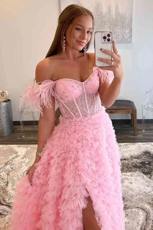 pink-off-the-shoulder-frill-layered-long-prom-dress-with-feathers