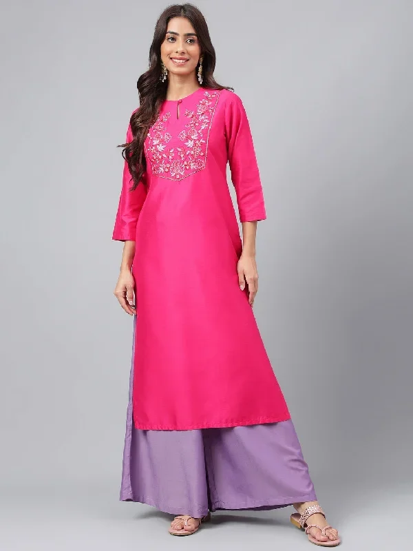 Pink Poly Silk Solid Straight Kurta