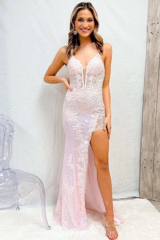 pink-sequin-lace-split-neck-lace-up-back-long-prom-dress-with-slit