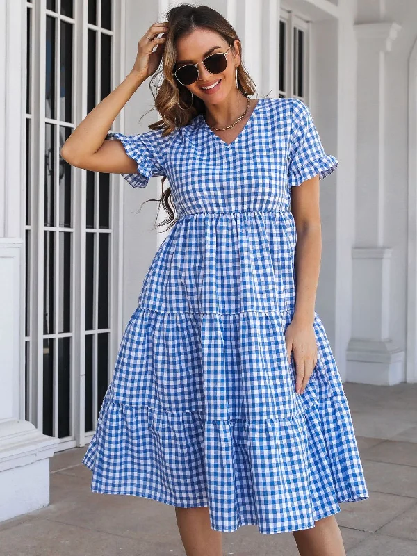 plaid-v-neck-short-sleeve-midi-dress