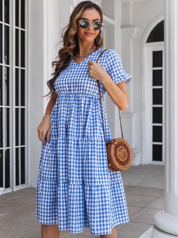 plaid-v-neck-short-sleeve-midi-dress