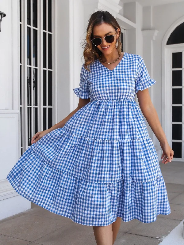 plaid-v-neck-short-sleeve-midi-dress