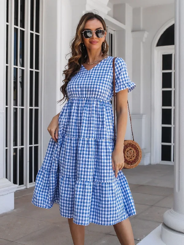 plaid-v-neck-short-sleeve-midi-dress