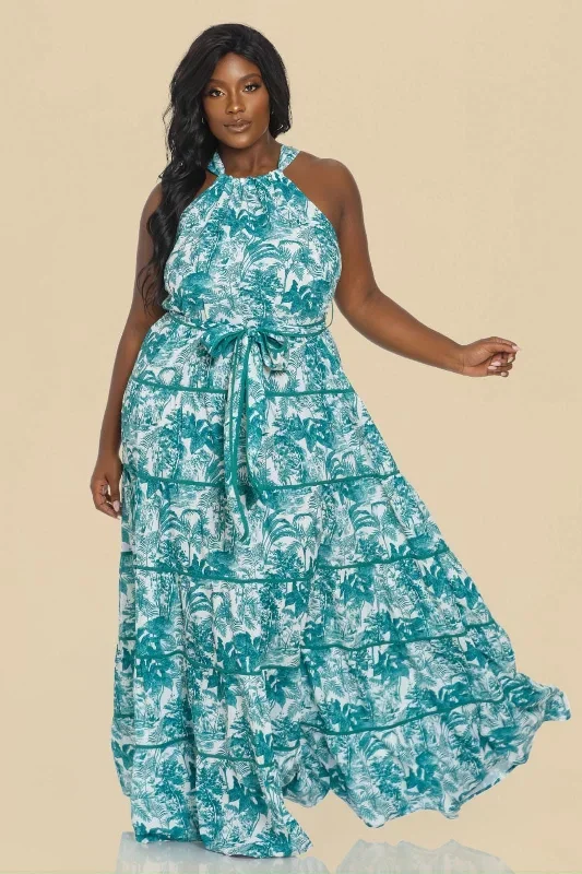 Plus Size Miranda Print halter maxi dress-Blue