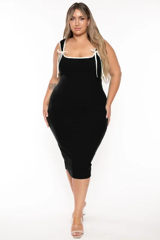 Plus Size Mirsa Ribbon  Midi Dress- Black