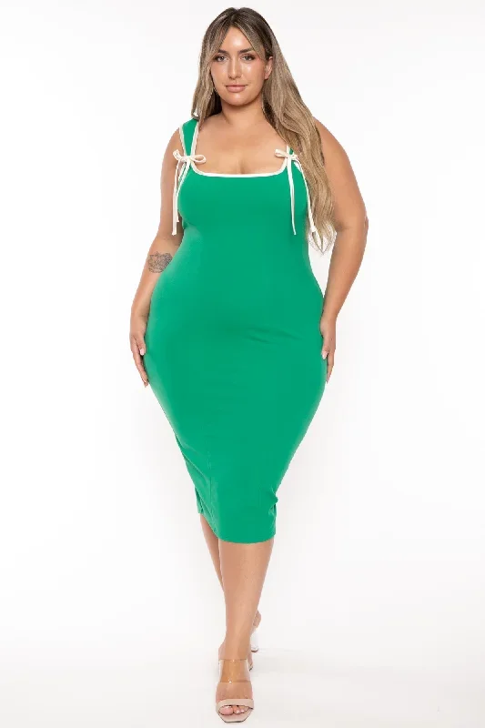 Plus Size Mirsa Ribbon  Midi Dress- Green