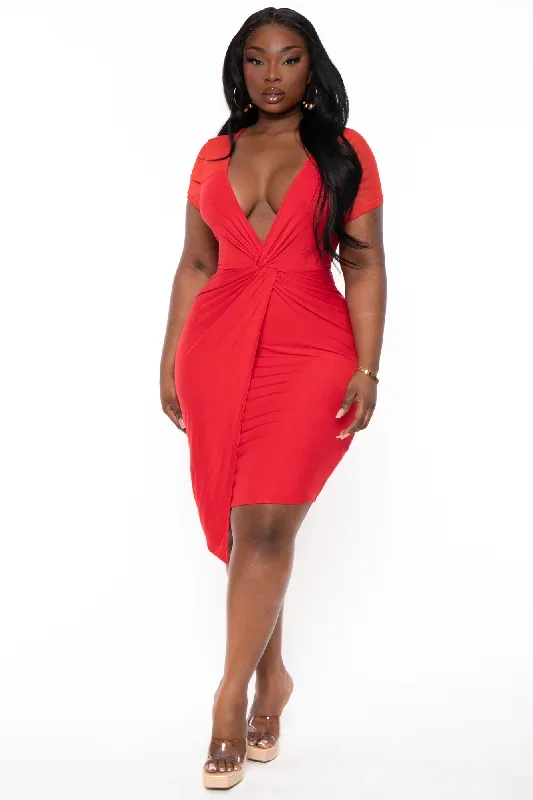 Plus Size Nezza Twist Front Short Sleeve Dress- Red