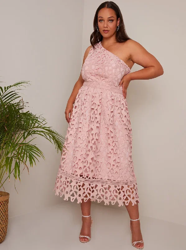 Plus Size One Shoulder Premium Lace Midi Dress in Blush