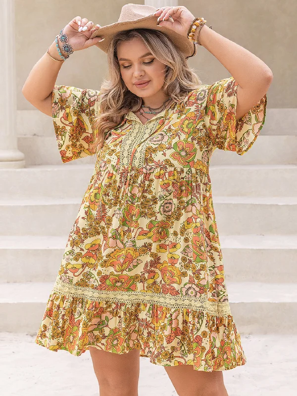 plus-size-printed-tie-neck-short-sleeve-mini-dress