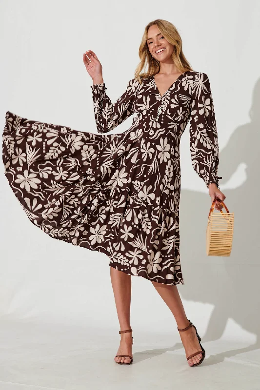 Point Midi Dress In Chocolate With Cream Floral