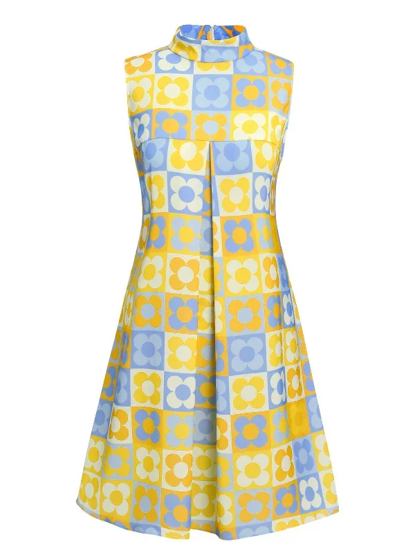 [Pre-Sale] Yellow & Blue 1960s Floral Stand Collar Dress