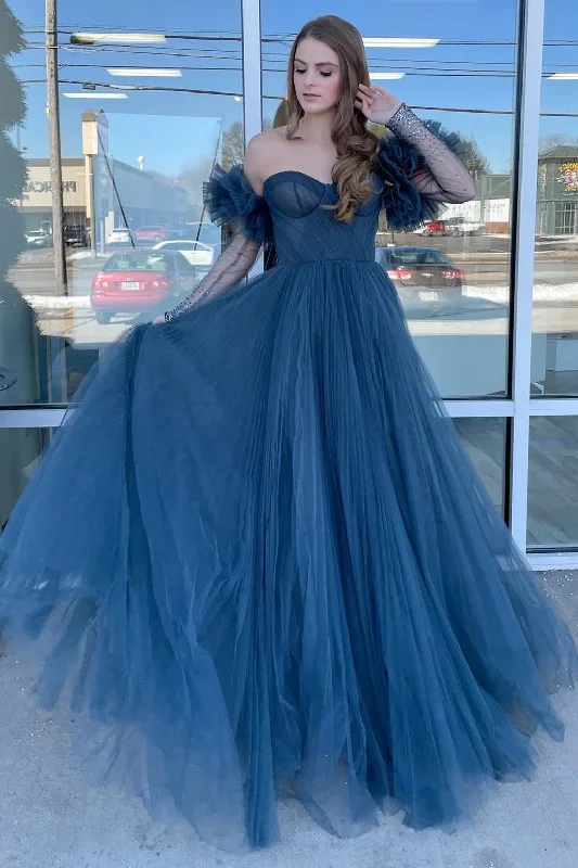 Princess Navy Blue Tulle Sweetheart Long Prom Dress with Detachable Sleeves