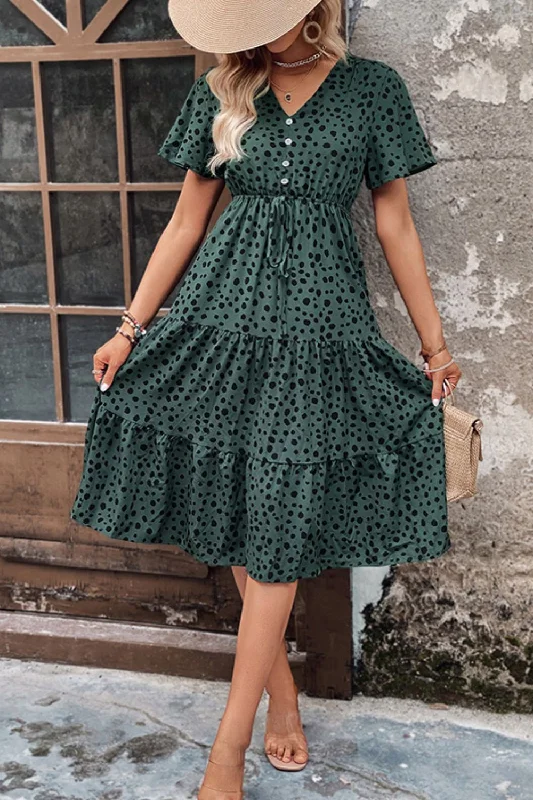 printed-buttoned-v-neck-flutter-sleeve-dress