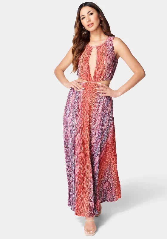 Printed Pleated Cut Out Maxi