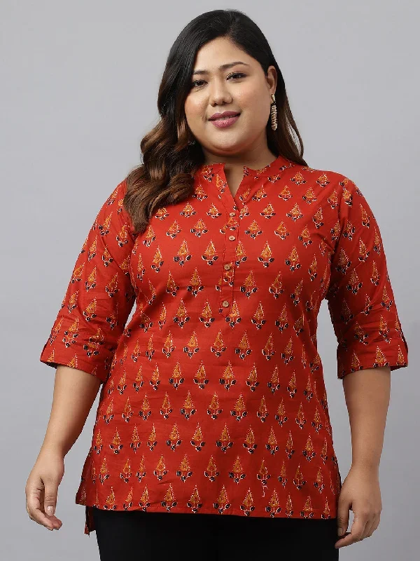 Red Cotton Ethnic Motifs Straight Top