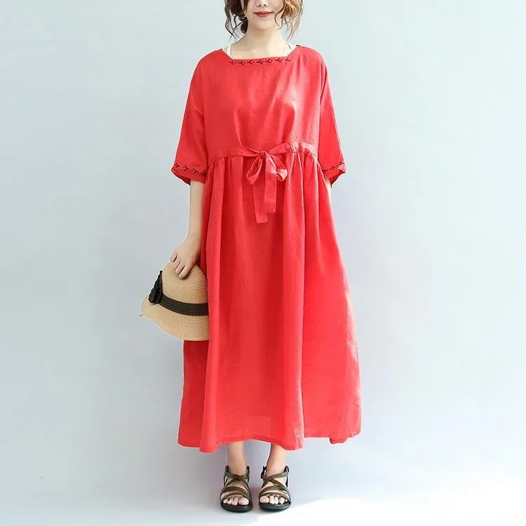 Red Embroidery Linen Dresses Plus Size Casual Sundress Drawstring Half Sleeve Maxi Dress