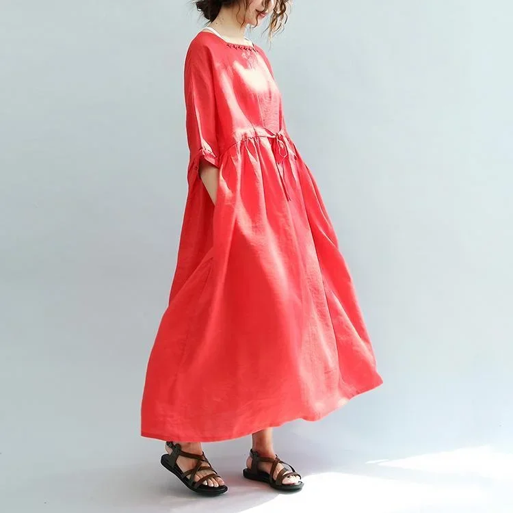 red-embroidery-linen-dresses-plus-size-casual-sundress-drawstring-half-sleeve-maxi-dress-1