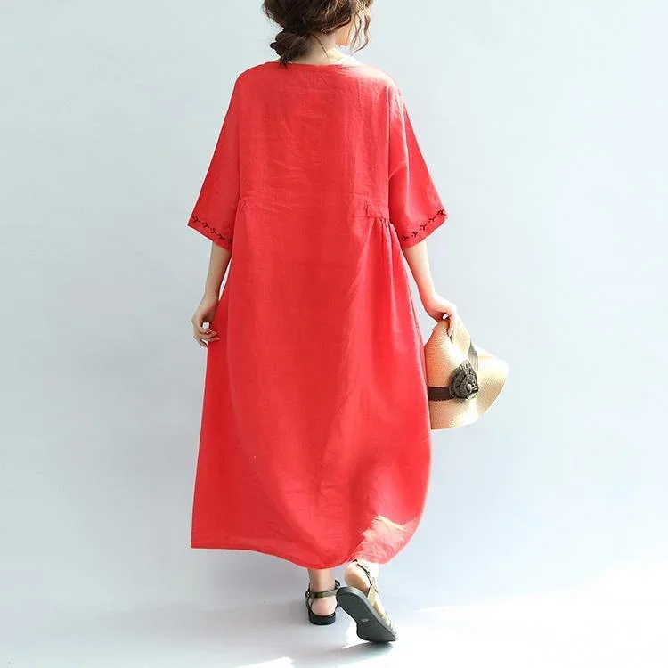 red-embroidery-linen-dresses-plus-size-casual-sundress-drawstring-half-sleeve-maxi-dress-1