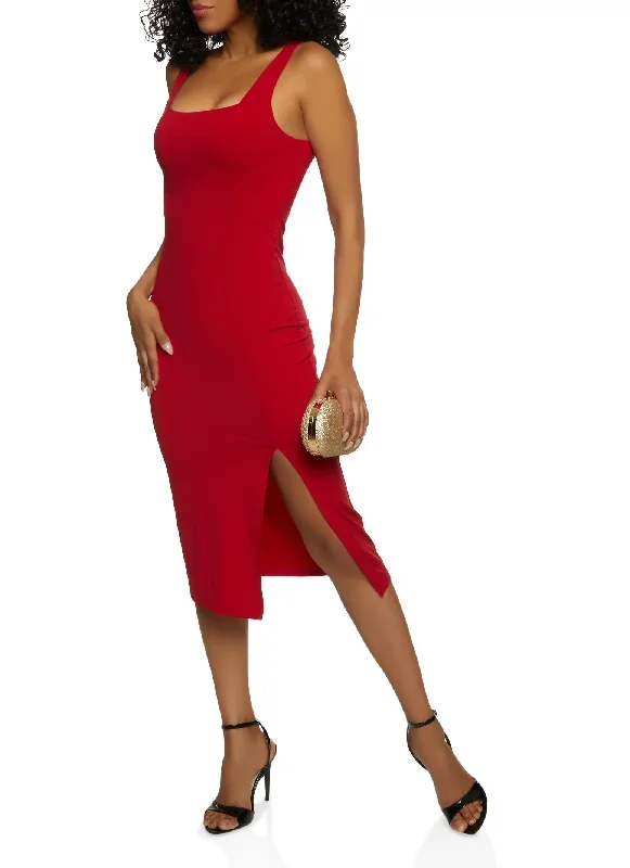 Side Slit Square Neck Tank Midi Dress