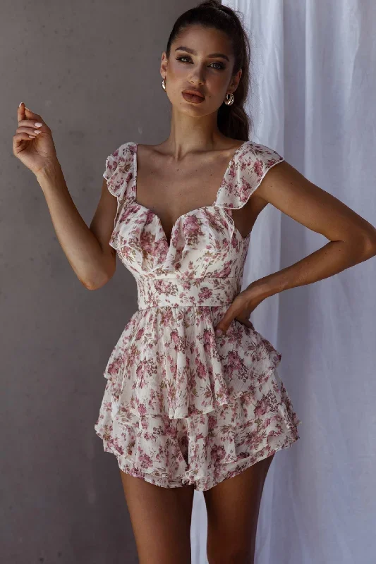 Revel Ruffle Trim Tied Back Romper Floral Pink