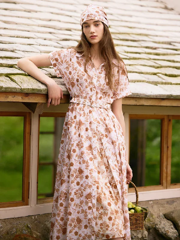 Rose Printed Women Midi Dress With Belt And Bottomed Dress