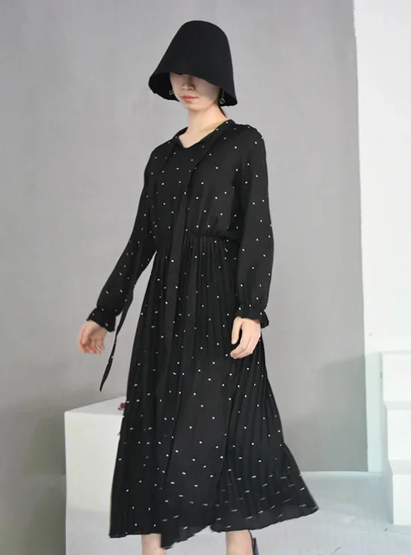 round-neck-long-sleeve-solid-black-chiffon-dot-loose-dress