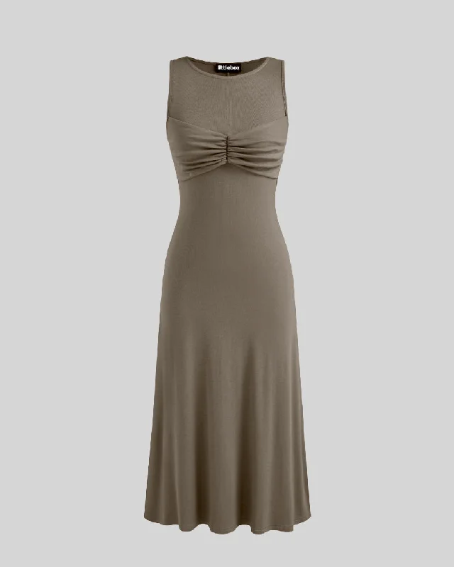 Round Neckline Solid Ruched Ruffle Grey Maxi Dress