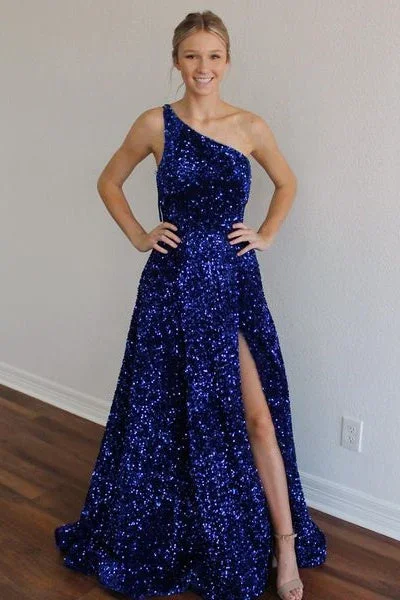 Royal Blue A-Line One Shoulder Sequined Long Party Dress